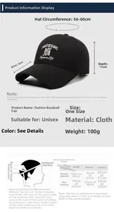 Detailed size chart and measurement guide for the embroidered baseball cap with dimensions