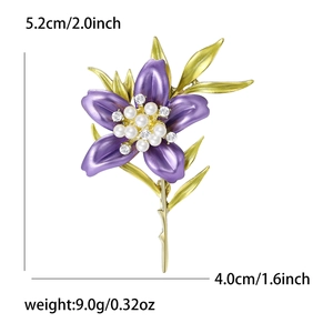 Detail showing dimensions of the purple enamel lily flower brooch with pearls and rhinestones