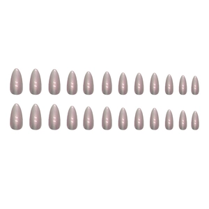 Glossy almond-shaped press-on nails in iridescent mauve purple with cat-eye shimmer