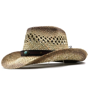 Western straw cowboy hat with turquoise leather band shown on a white background