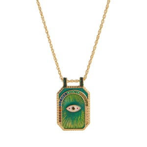 Detail showing gold tarot pendant with green sunray texture and colored gemstones