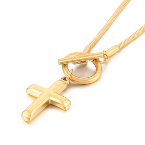 Golden stainless steel snake chain necklace with cross pendant and OT toggle clasp