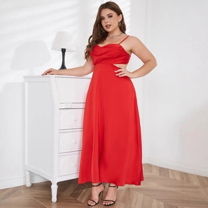 Plus Size Red Satin Maxi Dress Cowl Neck Spaghetti Strap Side Cut Out Backless Elegant Party Evening Formal Gown Women