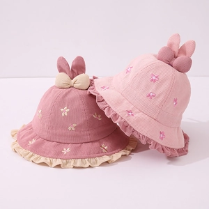 Cappello Alla Pescatora In Velluto A Coste Per Neonata Orecchie Di Coniglio Ricamo Floreale Protezione Solare Antivento