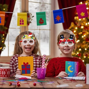 Close-up of children wearing LED Christmas glasses featuring snowmen and festive designs