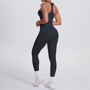 Rear view of black high-waist yoga set showing seamless contouring and racerback design