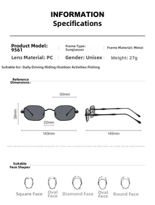 Detailed size specifications for polygon metal frame sunglasses showing lens and frame dimensions