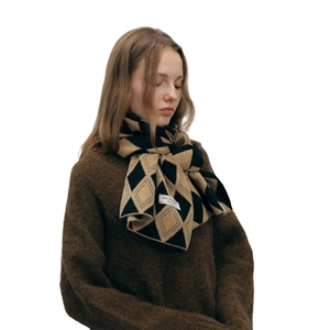 Women's knit scarf with beige and black diamond patterns for winter warmth style