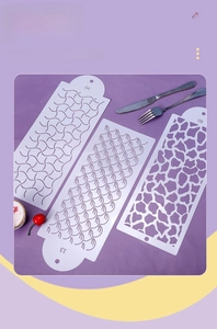 Three cake decorating stencils featuring wave, scale, and geometric patterns for baking