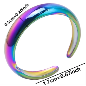 Detail showing dimensions of rainbow titanium steel cuff bracelet 0.5cm width and 1.7cm gap