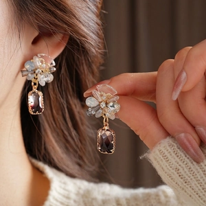 Elegant floral square earrings with crystal petals and smoky brown pendant for women