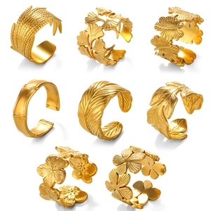 Trendy 18K gold plated stainless steel open rings with leaf and flower nature designs