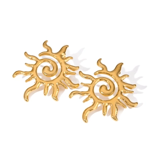 Luxury 18k gold plated stainless steel sun earrings with spiral design on white background