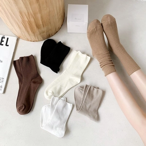 Vertical ribbed cotton socks in earth tones, neutral colors mid-calf casual hosiery for women