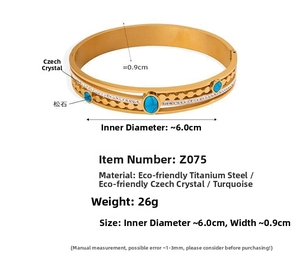 Macro view of gold-plated titanium steel bracelet with turquoise and Czech diamonds