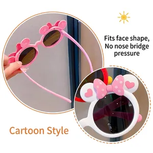 Pink and white cartoon bow sunglasses for girls with cute round ears and comfortable nose bridge