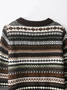 Detail of retro Fair Isle knit pattern with geometric diamond jacquard and ribbed collar