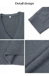 Detailed views of dark grey knit cardigan showing V-neckline, cuffs and soft fabric texture