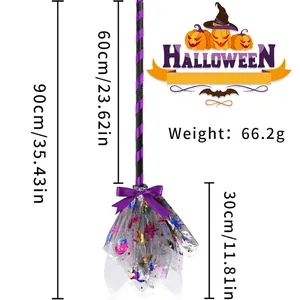 Detailed size chart of the Halloween witch broom with dimensions in cm and inches