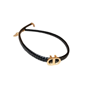 Minimalist black faux leather choker necklace with gold pig nose CD letter pendant clasp