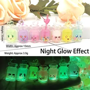 Luminous mini beverage bottle keychain with cute expressions in seven vibrant colors