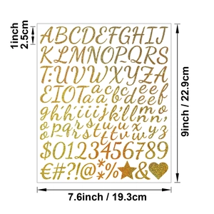 Detailed size guide for 1 inch gold glitter self-adhesive alphabet and number stickers