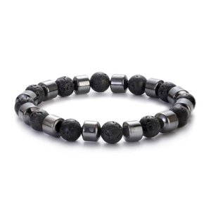 Men's 8mm beaded bracelet featuring volcanic lava stones and metallic hematite cylinders