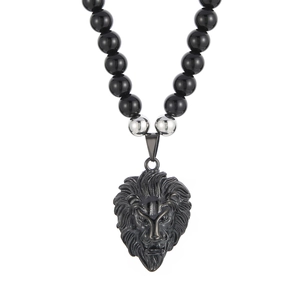 Men's retro lion head pendant necklace with 8mm black onyx beads and stainless steel