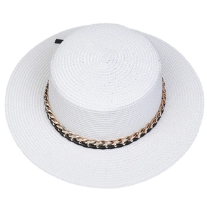 Top view of white wide brim straw hat with gold metal chain and black leather band details