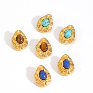 Boucles d'oreilles vintage en acier avec turquoise et œil de tigre, design doré