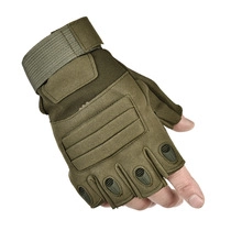 Detail view of military green tactical half-finger gloves with protective padding and strap