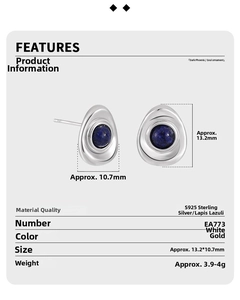 Detailed size specifications of silver geometric oval lapis lazuli stud earrings