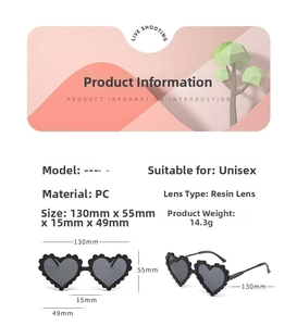 Detailed technical drawing of black heart-shaped PC sunglasses for kids with dimensions