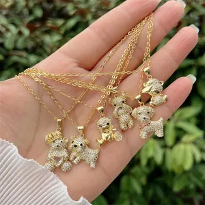 Animal Pendant Necklace 18K Gold Plated Copper Fully Paved White Cubic Zirconia Bear Dog Iced Out Jewelry Unisex