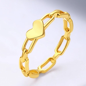 Minimalist gold hollow heart chain ring made of durable tarnish-free titanium steel