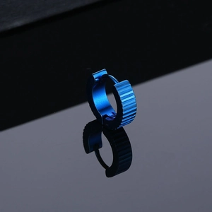 Royal blue titanium steel gear earrings with industrial stripes for men in punk style