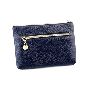 Detailed view of dark blue lychee grain leather purse with golden heart zipper