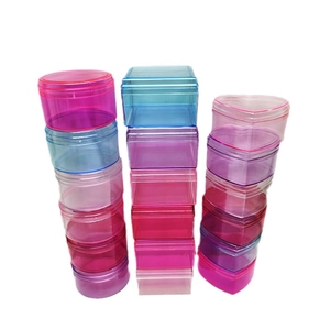 Clear plastic storage boxes in square round heart shapes with colorful stackable lids