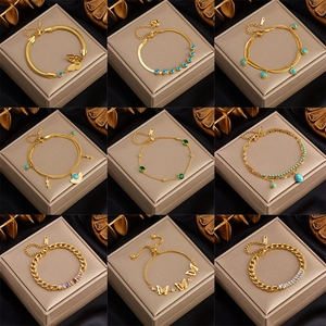 Stainless Steel Gold Plated Butterfly Evil Eye Turquoise Rhinestone Charm Bracelet Fashion Retro Women Jewelry