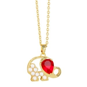 Cute golden elephant necklace with red pear-shaped crystal and white pearls on a chain