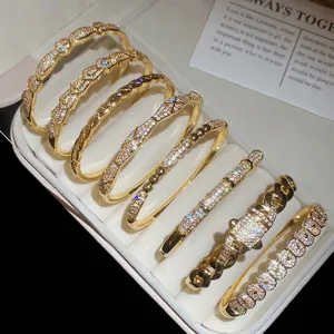 Gold Plated Copper Bangle Bracelet With Micro Paved Cubic Zirconia French Retro Geometric Light Luxury Jewelry For Women
