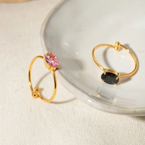 18k gold plated stainless steel open rings with pink and black oval zircon stones