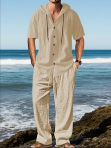 Ensemble décontracté en coton et lin kaki pour hommes avec chemise à capuche et pantalon
