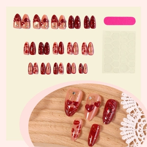 30pcs almond fake nails with red heart cherry bow designs and adhesive glue tabs