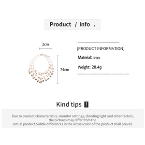 Detailed size chart and specs for gold multi-layer sequin necklace in iron material