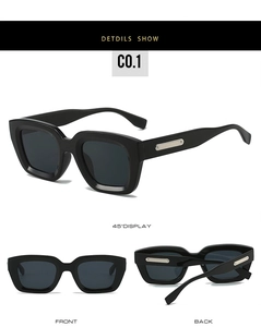 Detailed views of black square frame sunglasses with sleek silver metal temple accents
