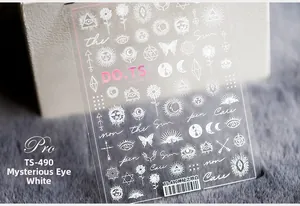 Detailed white nail art stickers featuring mystic eye sun moon and occult geometry patterns