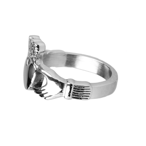 Silver Celtic Claddagh ring with hands holding a crowned heart in stainless steel