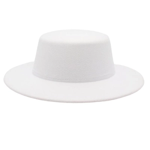 Elegant white wool felt flat top wide brim boater hat in minimalist French style for women