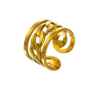 Detail of 18k gold plated stainless steel ring with multi-layer cross and chain texture